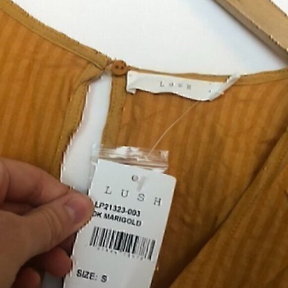 NEW NWT LUSH Solid Mustard Yellow Stripe Cutout Boho Cotton Viscose Romper Small - Picture 6 of 9